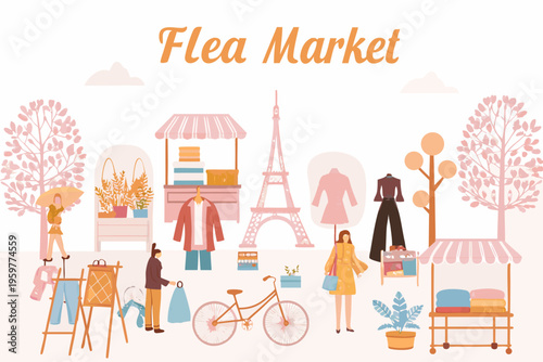 A charming illustration depicts a bustling flea market scene with parisian elements