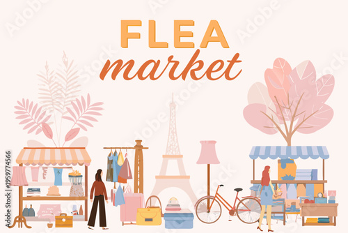 A colorful illustration depicts a vintage flea market scene with parisian elements