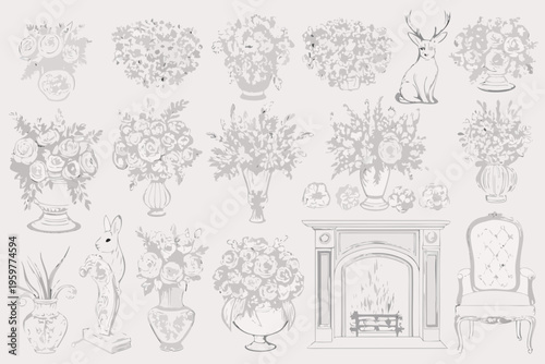 Vintage floral arrangements woodland creatures and ornate furniture sketches