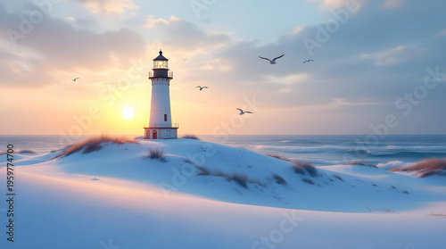 Lighthouse on snowy dune with ocean sunset
