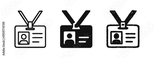ID Card and Employee Pass Icons Set. Identification Badge Symbols in Outline, Solid, and Hand-Drawn Styles.