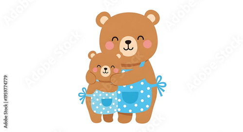 A heartwarming vector illustration of a large brown bear hugging a small brown bear, both wearing matching blue polka-dot dresses.