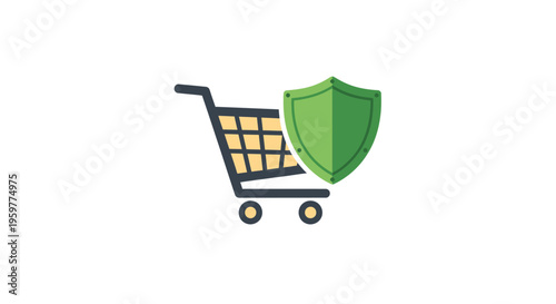 Secure Shopping Cart Icon with Green Shield for E-commerce Protection, Online Payment Safety, and Data Security