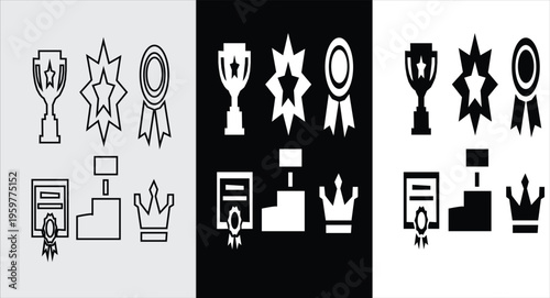 A collection of six distinct award and achievement icons. presented in three different visual styles, outline, Solid white and black and solid black on white. The icon include a trophy, a star etc.   