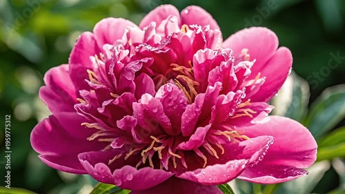 Vibrant pink peony flower with dew drops on petals in garden