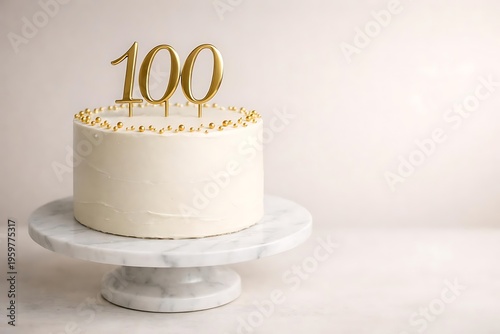 Elegant white cream cake with gold 100 topper for a centennial anniversary milestone celebration.