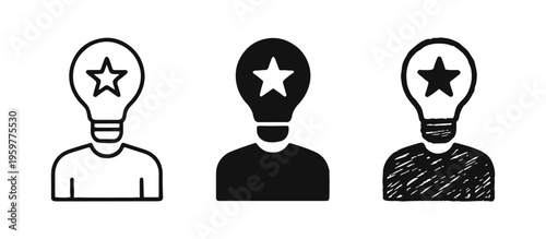 Person with a star lightbulb head icon set. Concept of brilliant ideas, creative genius, innovation, and bright minds.