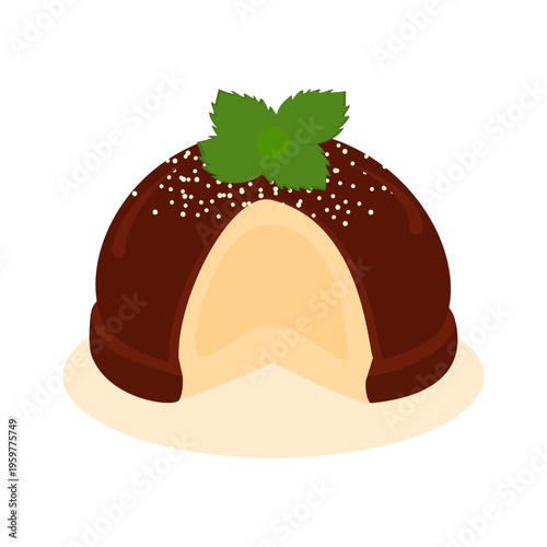 Flat Illustration of Chocolate Tartufo Dessert with Creamy Vanilla Ice Cream Center and Mint Leaf Garnish, Elegant Sweet Food Icon Design