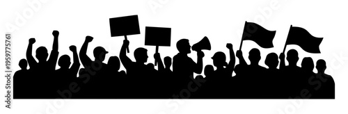 Protest Crowd Silhouette Vector – Demonstration People with Signs, Flags and Megaphone