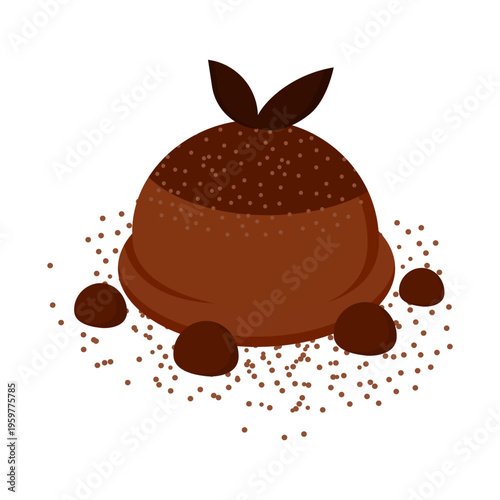 Flat Illustration of Chocolate Tartufo Dessert with Cocoa Powder Topping and Creamy Ice Cream Center, Elegant Sweet Food Icon Design