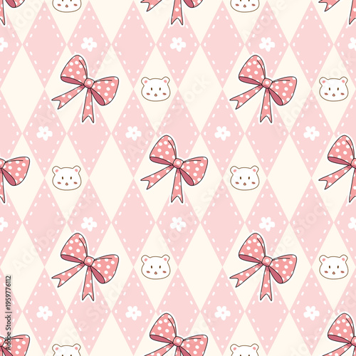 Playful Kawaii Seamless Pattern with Pink Polka Dot Bows and Cute Bear Faces on a Diamond Background