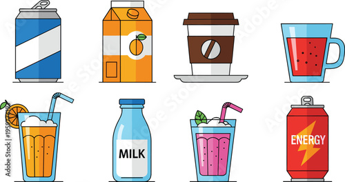 Beverage and Drink Icon Set Featuring Soda Can, Juice Box, Coffee Cup, Milk Bottle and Fresh Fruit Drinks Isolated on White Background for Food Design Projects