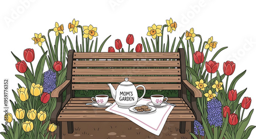 A serene garden scene featuring a wooden bench with a tea set and colorful flowers.