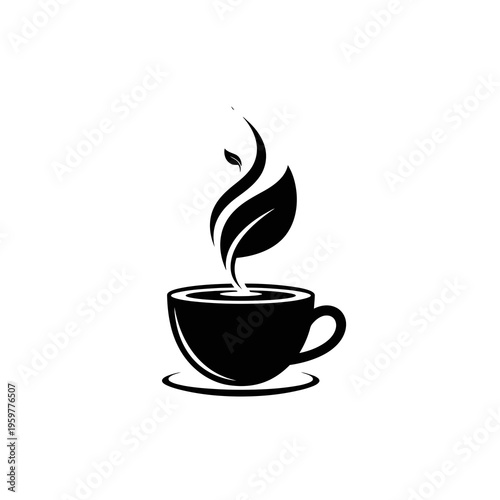 Black silhouette of a steaming hot cup of coffee on a saucer