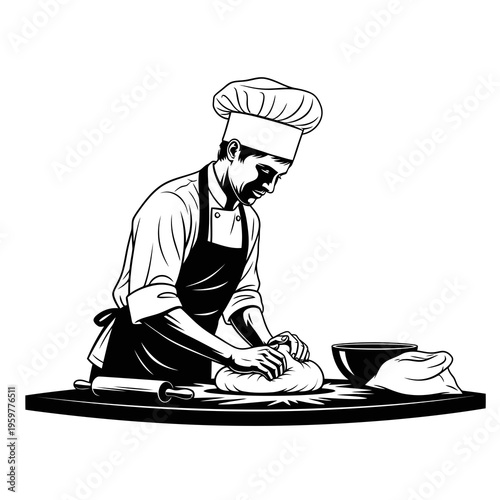 Black and white illustration of a chef kneading dough on a table with a bowl and rolling pin