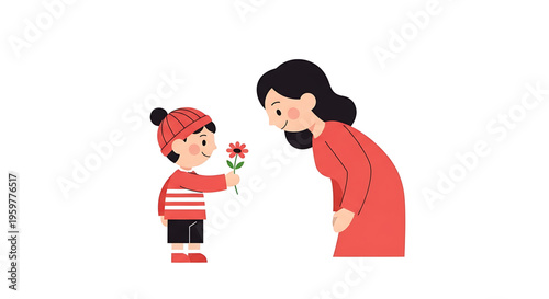 A young boy giving a flower to a smiling woman in a red dress