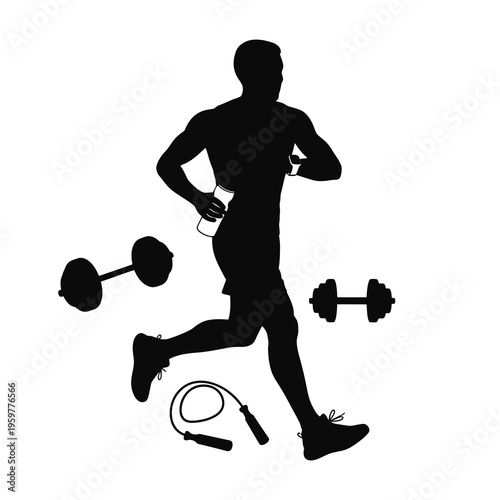Silhouette of a man running with dumbbells and jump rope