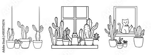 Cactus set with continuous one line drawing of a cute cactus, cat, and watering can on a window sill featuring black and white, line art, illustration with plants and home decor