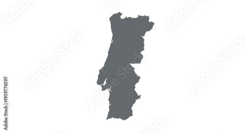 A stark black silhouette depicts the geographical shape of portugal on a white background high quality