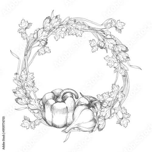 Wreath of the parsley, bell pepper, tomatoes, garlic and green onion. Vector ink styled handmade illustration. For packaging design, cards, cover, prints, product labels and fabric.