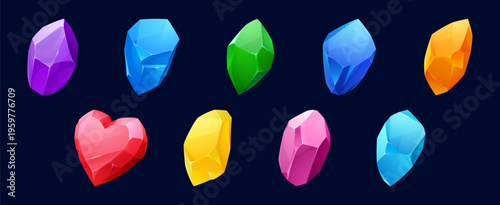 Gem collection of crystals and diamonds for game UI design. Colorful magic gemstones, blue sapphire, purple amethyst and emerald jewels. Precious mineral treasure stones set for casino asset.