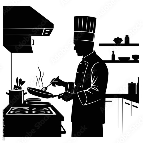 Black silhouette of a chef cooking on a stove in a kitchen