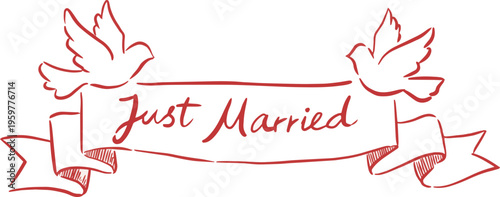 Just Married Ribbon Banner with Doves Wedding Illustration