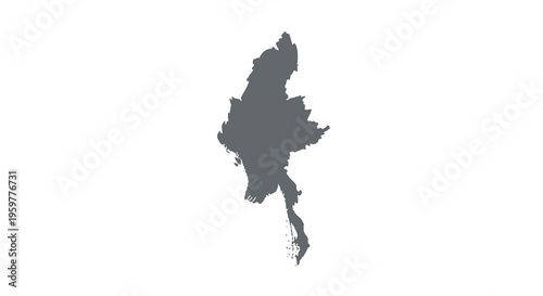 A stark black silhouette depicts the geographical shape of myanmar against a white background high quality