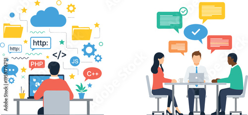 Collaborative Web Development and Programming Teamwork Concept with Coding, Programming Languages, Cloud, and Communication Bubbles