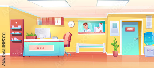 Hospital reception area with empty waiting room and comfortable chairs for patients. Modern hospital interior with front desk, doctor office doors and clean lobby design for healthcare facility.