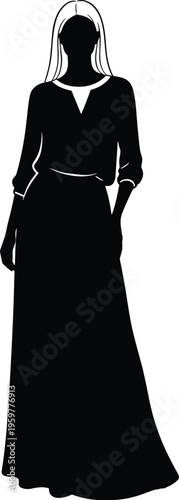 Elegant silhouette of woman in long skirt and long‑sleeved top, modest fashion design illustration, minimalistic artistic outline figure