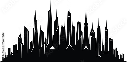 Futuristic city skyline silhouette with angular skyscrapers, sharp spires, geometric architecture, sci‑fi inspired modern metropolis illustration design