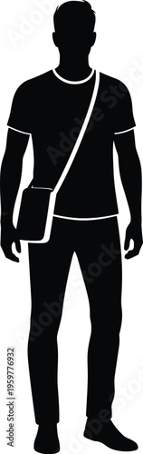 Silhouette of person standing upright wearing short‑sleeved shirt, pants, shoes, and crossbody bag, minimalist human figure illustration design