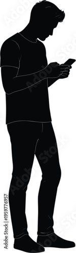 Silhouette of person standing, looking down at smartphone, engaged in digital interaction, casual clothing, modern mobile device usage illustration