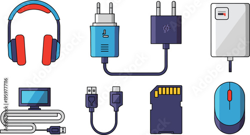 Electronic Devices and Accessories Vector Icon Set Featuring Headphones, Charger, Power Bank, USB Cable, Memory Card, Mouse, and Monitor in Flat Cartoon Style Design