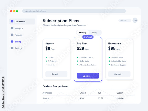 Subscription Plan Selection Dashboard Interface