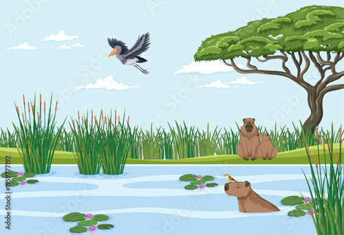 Wetland forest scene with capybara