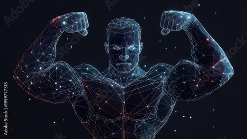 Digital illustration of a muscular figure, wireframe style, displaying strength