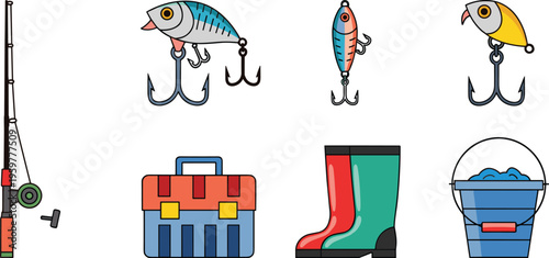 Fishing Equipment Icon Set Featuring Rod, Lures, Tackle Box, Rubber Boots and Bucket Isolated on White Background for Outdoor Recreation Design Projects