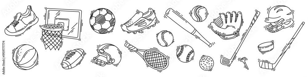 Fototapeta premium Sports equipment icons set in hand drawn line art style with football, basketball, tennis, rugby, golf, hockey, baseball balls and gear. Vector collection of balls and sports shoes for hobby and game