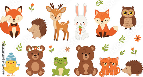 Cute Woodland Animal Collection Featuring Fox, Deer, Rabbit, Owl, Bear, Hedgehog, Frog and Forest Elements for Kids Nursery Design and Nature Illustrations.