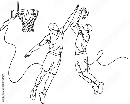 Continuous line basketball players, minimalist sports action vector, athlete jump shot art