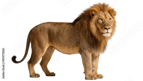 Tablou pe pânză Portrait of a magnificent male lion with a thick mane standing proudly, side vie