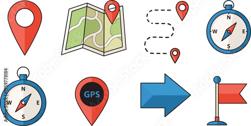 Navigation and Map Icon Set Featuring GPS Location Pins, Compass, Route Path, Direction Arrow and Map Elements Isolated on White Background for Travel Design Projects
