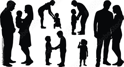 Black silhouettes of family playing together, happy parents with children, father and mother holding baby, childhood love, flat vector illustration.