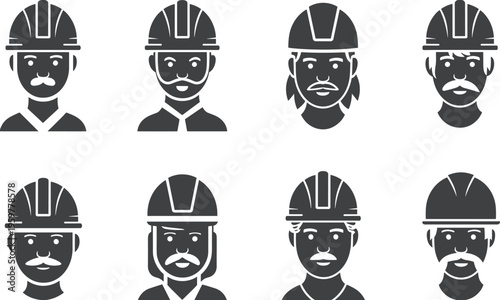 Black and white illustrated cartoon faces wearing hats and bow ties
