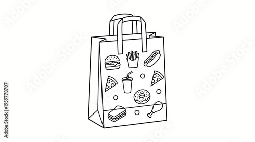 Assorted fast food delivery bag outline icon, paper take-out sack with multiple treats on isolated white background.