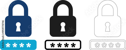 Padlock Security Icon Set with Password Field – Lock Protection Symbol Collection