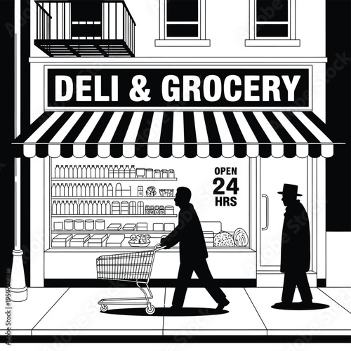 Black and white illustration of a classic deli and grocery storefront