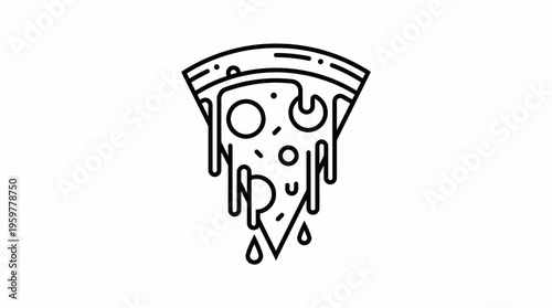 Delicious Pizza Slice with Dripping Cheese Line Art on Isolated White Background